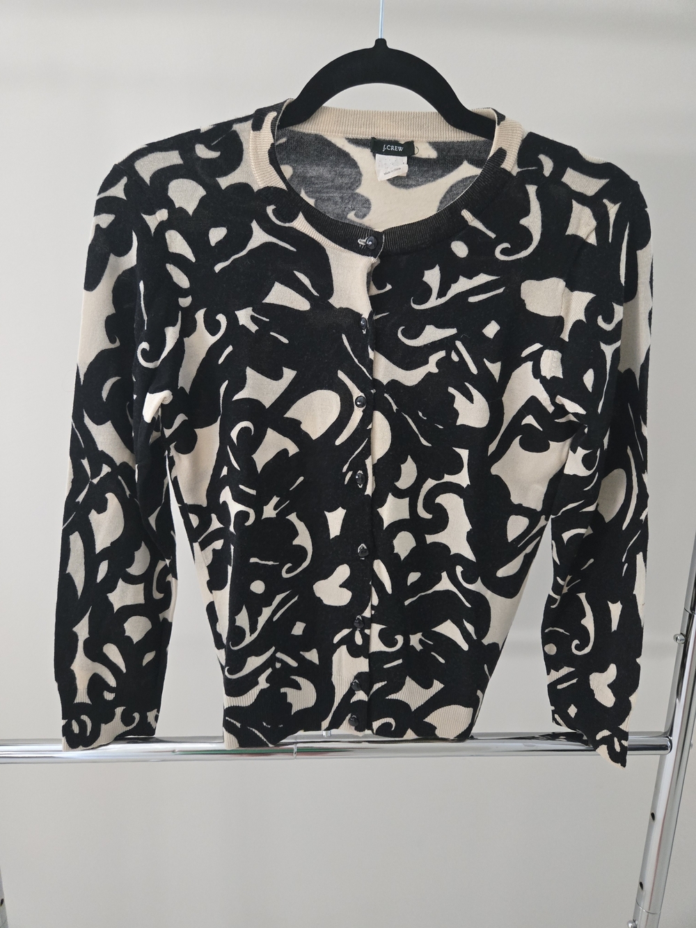 J. Crew Black & Cream Patterned Crewneck Cardigan